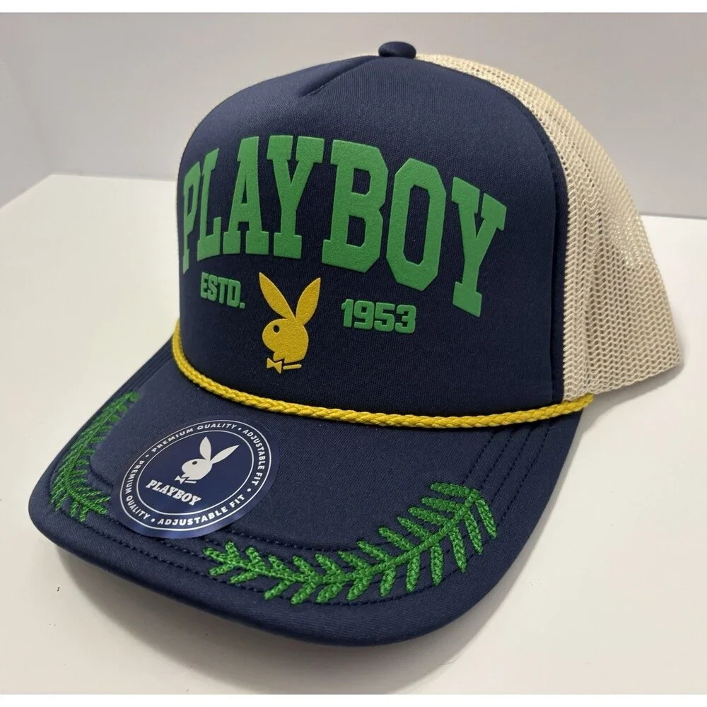 Playboy Foam Trucker Snapback Hat Blue Green Tan Embroidery Bunny Logo Cap